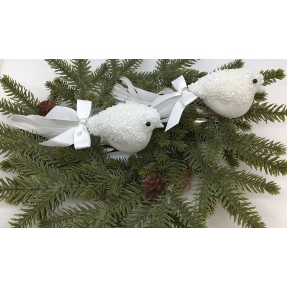 2 Songbirds White Glass Beaded Clip On Christmas Tree Ornaments Bright - Picture 1 of 8
